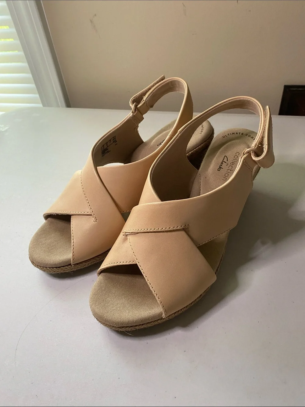Clarks Beige Crossover Slingback Wedge Sandals